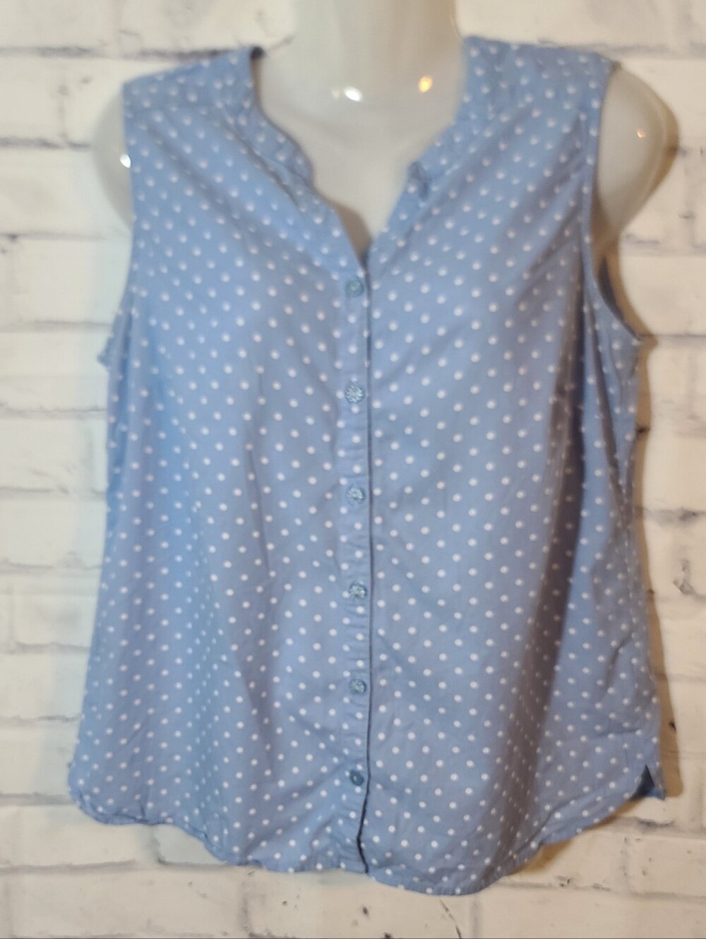 Erika Women's Blue/White Polka Dot V-Neck Sleeveless Button Front Blouse M